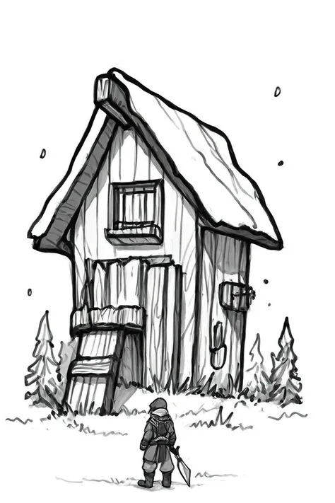 a drawing of a small house with a man standing outside