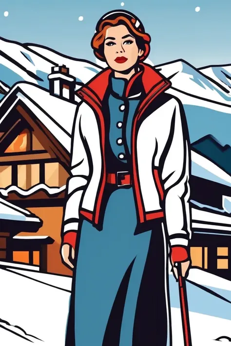 flvcil07 style <lora:style_07_vibrant_pulse_l3-x_flvcil07_style:1>, woman cluseup  standing, 
sailor, elegant,
Snowy mountain lodge and ski slopes, 
high quality, masterpiece, highres,