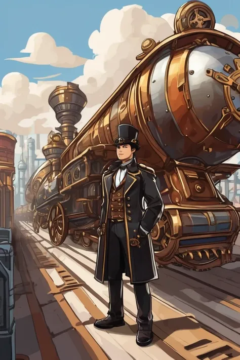 flvcil03 style <lora:style_03_cheerful_shade_l3-x_flvcil03_style:1>, man  standing, 
train attendant, striped,
Steampunk city and airships and gears, 
high quality, masterpiece, highres,