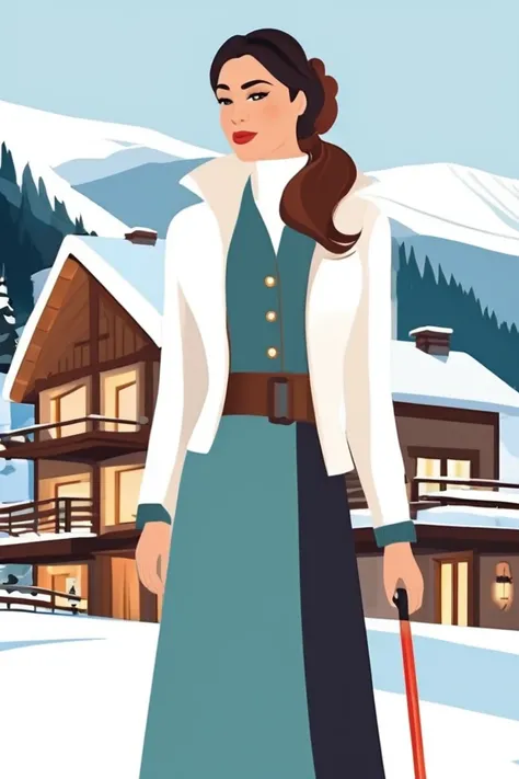 flvcil09 style <lora:style_09_sleek_sharpie_l0-x_flvcil09_style:1>, woman cluseup  standing, 
sailor, elegant,
Snowy mountain lodge and ski slopes, 
high quality, masterpiece, highres,