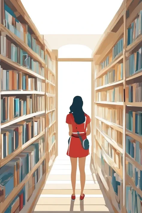 a woman in a red dress is walking through a library