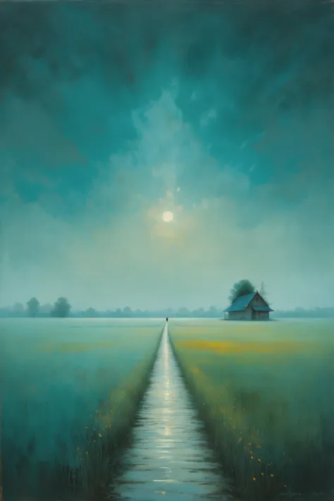 a painting of a person walking down a path towards a barn