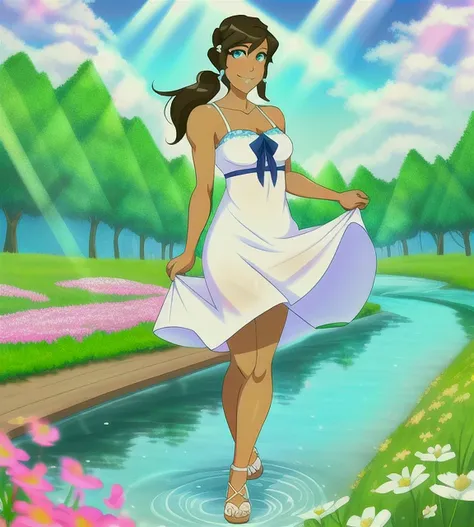 Korra, medium breasts, meadow, flowers, green sundress, white clouds, sunshine, rays of light, flowing river, happy, white sandals, standing in water, blue eyes, dark skin