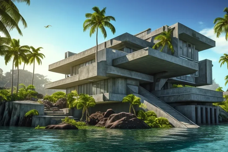 +dvarchmodern style, underwater city, house, submerged, green ocean water, fossils, underwater ruins, photorealistic, hyperreali...