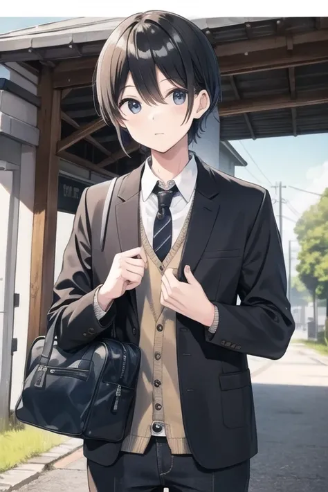 anime character in a suit and tie standing in front of a building