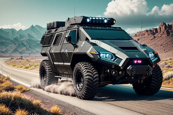 nvinkpunk, black futuristic armoured vehicle on the road, insanely detailed and intricate, hyper maximalist, elegant, hyper real...