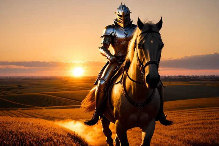 closeup, armored knight on horseback towards camera, open field, sunset, golden hour, hd, ultra detailed, 8k, ultra sharp