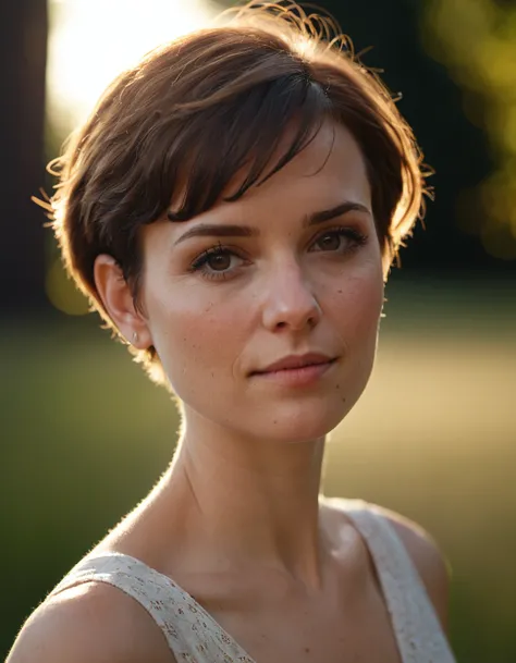 natural skin, (moles:0.5), a beautiful young woman, short pixie cut hair, summer dress, realistic skin texture, outside, cinematic lighting, sexy, 35mm, 4k, UHD, masterpiece