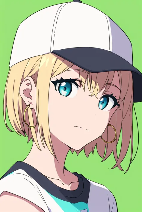 gridman, masterpiece, best quality, 1girl, aqua eyes, baseball cap, blonde hair, closed mouth, earrings, green background, hat, hoop earrings, jewelry, looking at viewer, shirt, short hair, simple background, solo, upper body, yellow shirt <lora:gridman_of...