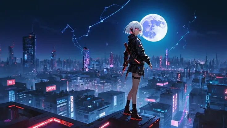 ((best quality)),white hair,red eyes,cute,1girl,solo,(night),((pointy ear)),mechanical parts,(blue neon:1.5),((cyberpunk:1,3)),(blood),cracked screen,male focus,smile,(weapon:1.3),(hold your hands in front of you:1.4),(edw4rds:1.4),al3xross,(jump:1.5),(tow...