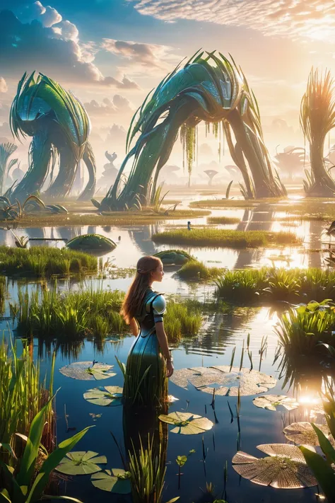 a woman standing in a pond looking at a giant creature