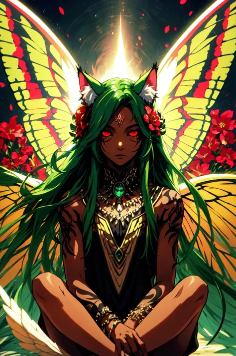 a woman with green hair and a butterfly wings sits on a rock