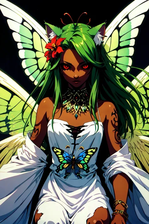 anime fairy with green hair and butterfly wings sitting on a rock