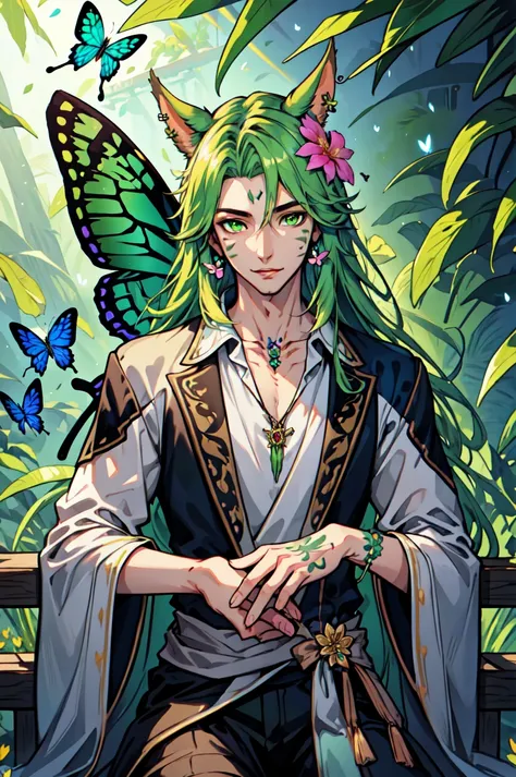 a cartoon picture of a man with green hair and a butterfly