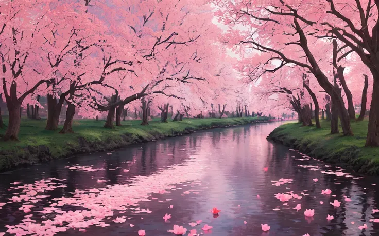 (best quality, masterpiece), (night strray sky, river behind, huge old trees behind, falling glowing pink petals behind, )