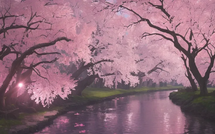 (best quality, masterpiece),   (night strray sky, river behind, huge old trees behind, falling glowing pink petals behind, )