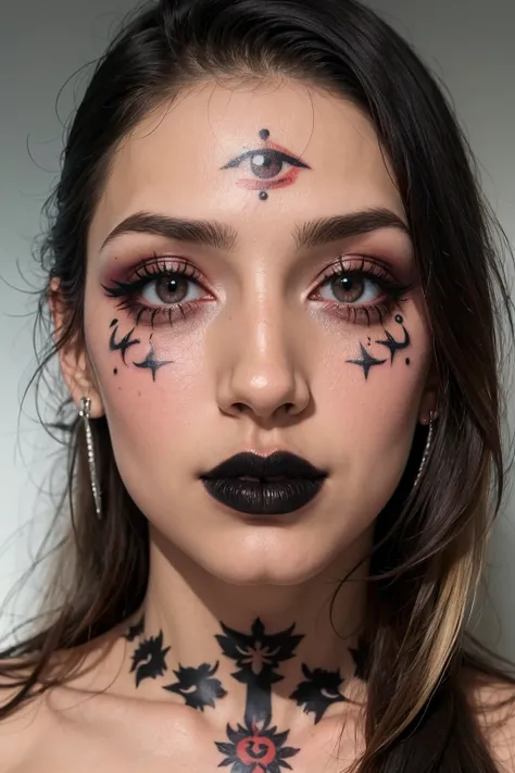 1girl, close-up face, <lora:multiple_eyes-06:1> multiple_eyes, multiple eyes, eyeball, black lips, looking at viewer, makeup, barcodes, tattoo, piercings