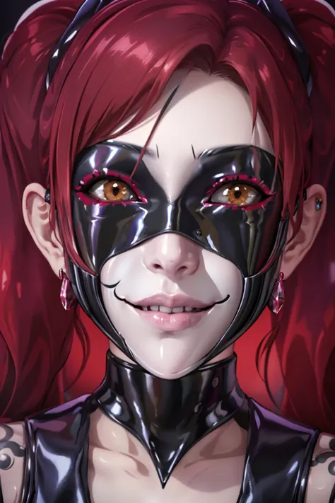 1girl, close-up face, <lora:MaskedEvil:1> mevil, face mask, evil smile, twintails, tattoos, makeup, piercings