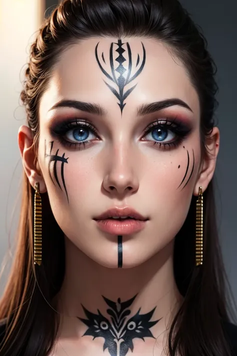 1girl, close-up face, <lora:WarPaint:1> warpaint, face paint, makeup, barcodes, tattoo, piercings