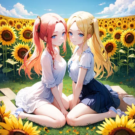 masterpiece, best quality, 2girls, twins, symmetry, symmetrical pose, long blond hair, (forehead:1.2), :3, smug, wariza, oversiz...