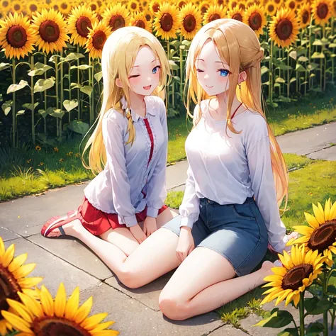 masterpiece, best quality, 2girls, long blond hair, (forehead:1.2), eyes closed, :3, smug, wariza, oversized shirt, oversized cl...