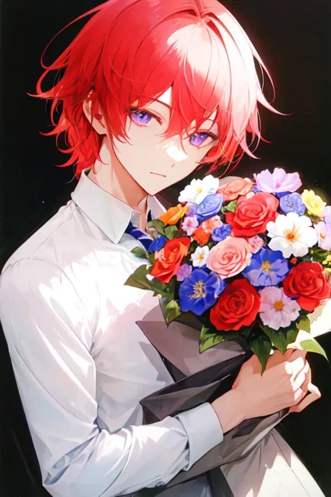 (1boy), solo, flowers, pink flowers in the background, shiny hair, flower bouquet, tone mapped, high contrast, strings, love, heart, multicolored_hair