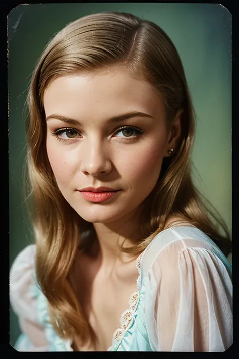 VeronicaLake, ((1900s photograph, Gibson tuck, soft blush, wearing cotton chemise with square neckline, ruffled cuffs, and delicate lace trim, antique setting)), Century Camera Co. Studio, 160mm f/8, 1/10s, ISO 25, ((tintype))