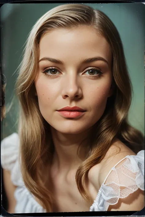 VeronicaLake, ((1900s photograph, Gibson tuck, soft blush, wearing cotton chemise with square neckline, ruffled cuffs, and delicate lace trim, antique setting)), Century Camera Co. Studio, 160mm f/8, 1/10s, ISO 25, ((tintype))