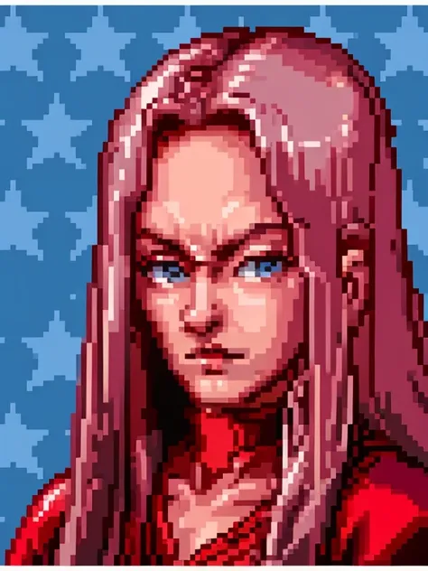 a pixel art of a woman with long hair and blue eyes