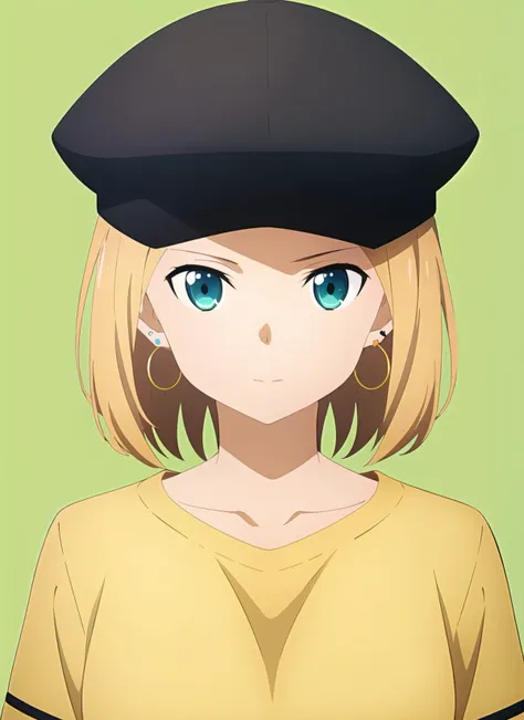 anime girl with blue eyes wearing a black hat and yellow shirt