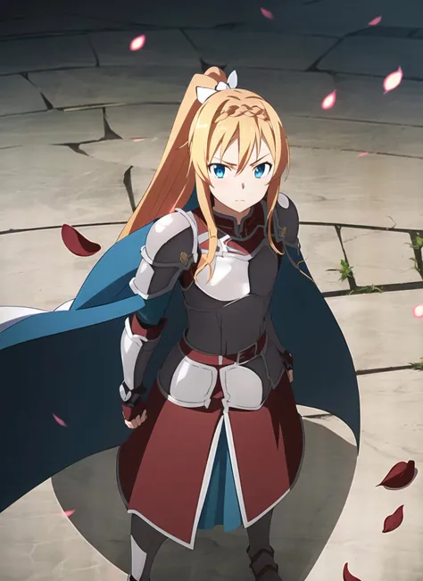 sao anime style <lora:sao_anime_style_offset:1>, alice zuberg, 1girl, armor, armored dress, blonde hair, blue cape, blue eyes, bow, braid, braided ponytail, cape, closed mouth, cracked floor, energy, fantasy, fighting stance, floating hair, gauntlets, glow...