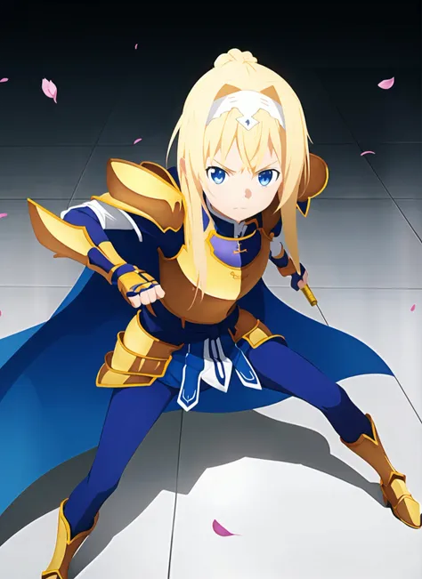 alicization anime style <lora:alicization_anime_style_offset:1>, alice zuberg, 1girl, armor, armored dress, blonde hair, blue cape, blue eyes, bow, braid, braided ponytail, cape, closed mouth, cracked floor, energy, fantasy, fighting stance, floating hair,...