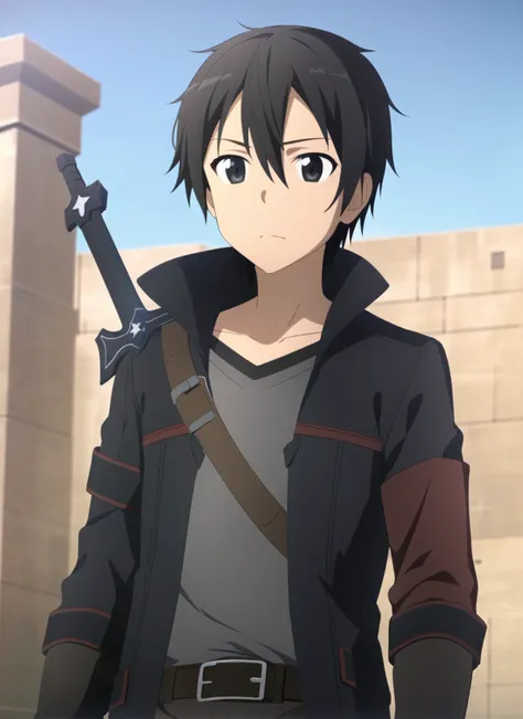 sao anime style <lora:sao_anime_style_offset:1>, kirito, 1boy, belt, black belt, black coat, black eyes, black gloves, black hair, black shirt, closed mouth, coat, fingerless gloves, gloves, high collar, long sleeves, looking away, male focus, open clothes...