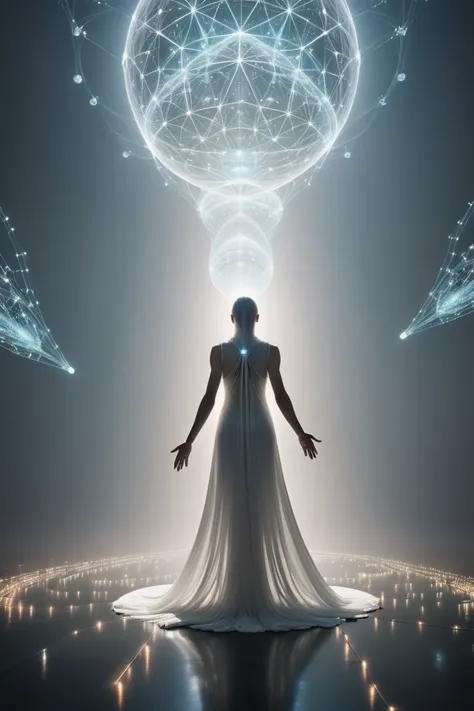 a woman in a white dress standing in front of a large sphere