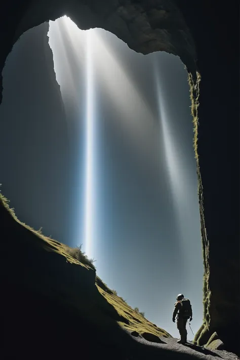 two people standing in a cave with a bright light coming out