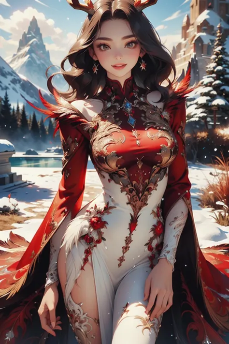 best quality, masterpiece, realistic, photorealistic, smiling, excited, 1girl, solo, standing, posing, (snowy mountain background), edgPlume, a woman in a red dress, with feathers, wearing edgPlume_(feather robe), ((turtleneck)), ((deer antlers)), <lora:ed...