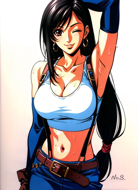 yuuki nobuteru, tifa lockhart, 1girl, arm up, armpits, artist name, belt, black hair, breasts, brown eyes, cleavage, closed mouth, collarbone, cowboy shot, crop top, earrings, elbow gloves, elbow pads, gloves, gradient background, jewelry, large breasts, l...