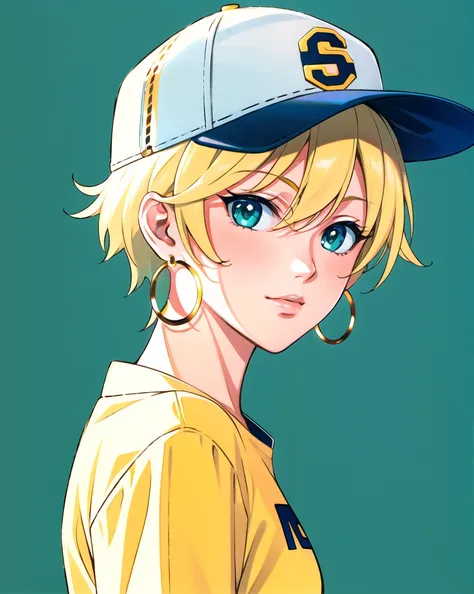 yuuki nobuteru, yuuki nobuteru, masterpiece, best quality, 1girl, aqua eyes, baseball cap, blonde hair, closed mouth, earrings, green background, hat, hoop earrings, jewelry, looking at viewer, shirt, short hair, simple background, solo, upper body, yellow...