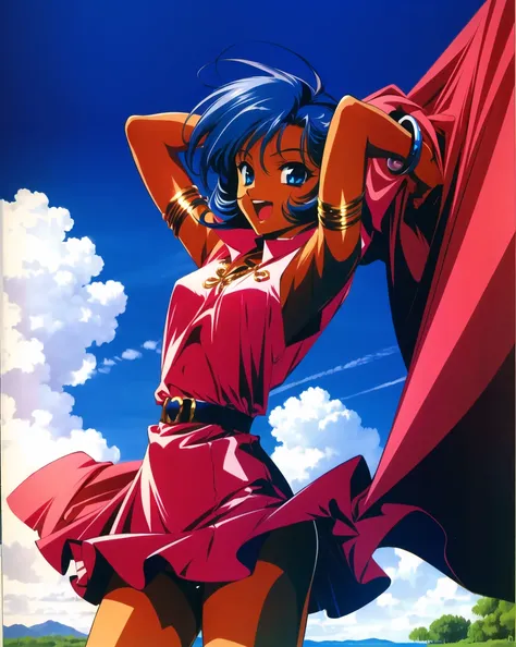 yuuki nobuteru, 1990s (style), 1girl, armlet, arms up, blanket, blue eyes, blue hair, cowboy shot, dark-skinned female, dark skin, day, miniskirt, nature, open mouth, outdoors, retro artstyle, short hair, skirt, sleeveless, solo, water,  ((masterpiece)) <l...