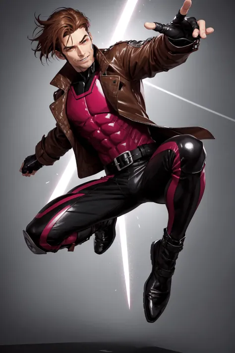 Gambit, Le Diablo Blanc, Remy Lebeau, smirk,  gloves, jacket, boots,open clothes, teeth, belt, pants, fingerless gloves, clenched hands, open jacket, black jacket, bodysuit, mask, muscular, spikes, kicking, leather,  leather jacket, specular highlights, dy...