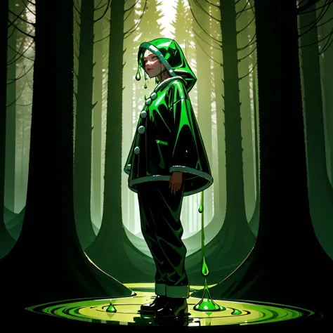 a close up of a person in a green raincoat standing in a forest