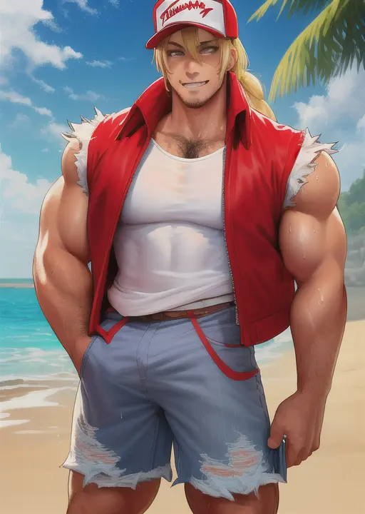 masterpiece, best quality, 1boy, solo, terrybogard, smiling, handsome, (hairy chest), long blonde hair, sweaty, beach, (red slee...