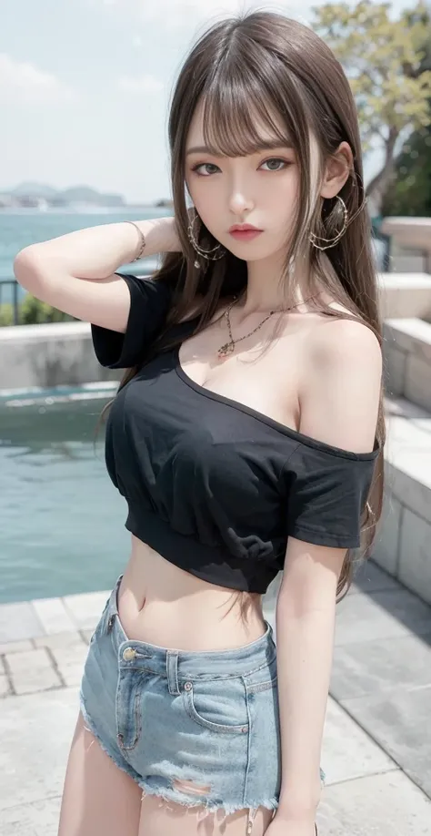 masterpiece, best quality, 1girl, aqua eyes, black hair, closed mouth, earrings, multicolored background, hoop earrings, jewelry, looking at viewer, long hair, outdoors, solo, upper body, alluring, clean, beautiful face, pure face, pale skin, sexy pose,((s...