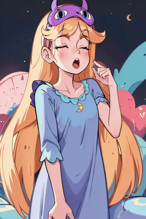 (masterpiece, best quality, high resolution:1.4), 1girl, woman, star butterfly, sleepy, yawn, nightgown, sleep mask, looking at ...