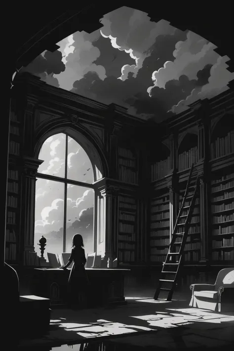 anime, goth, black and white, negative space, enchanted library \(room\) in a cloud,indescribable fantasy megacity beyond the en...