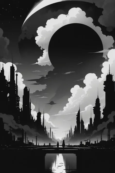 anime, goth, black and white, negative space, infinite scifi cloud city beyond the beginning of the multiverse<lora:envystarligh...