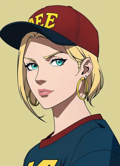 masterpiece, best quality, 1girl, aqua eyes, baseball cap, blonde hair, closed mouth, earrings, green background, hat, hoop earrings, jewelry, looking at viewer, shirt, short hair, simple background, solo, upper body, yellow shirt