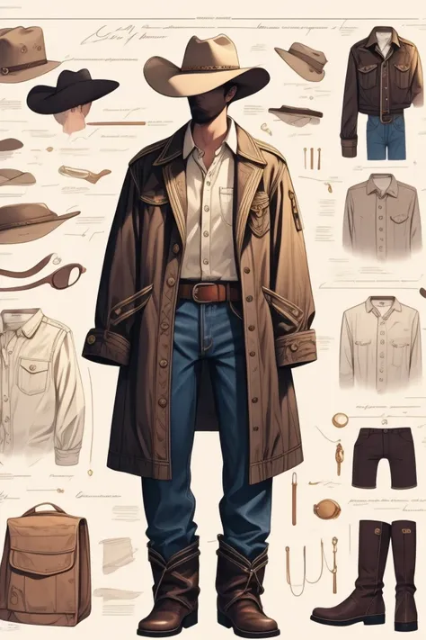 a drawing of a man wearing Western: Button-up shirt, jeans, cowboy hat, cowboy boots, concept and accessories, detailed <lora:Clothes_concept:1> <lora:AdvancedEnhancer:0.8>