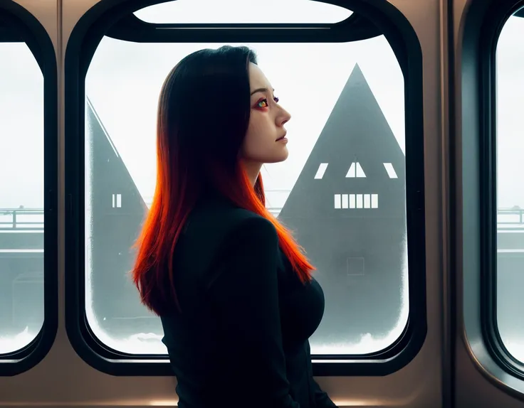 three cornered window, back of head shot of (woman looking out of triangle window:1.1), 3rd person, Looking out the triangular window of a (train:1.1) with triangular windows, triangular windows and triangular, wheels,  in a fantasy world, 
psychedelic, ge...