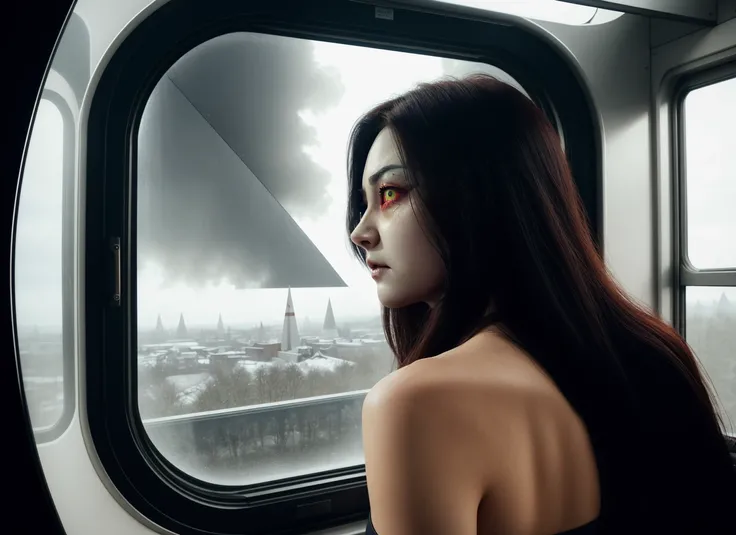 three cornered window, back of head shot of (woman looking out of triangle window:1.1), 3rd person, Looking out the triangular window of a (train:1.1) with triangular windows, triangular windows and triangular, wheels,  in a fantasy world, 
psychedelic, ge...